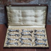 Vintage 12 Verschiedene Tier-Messerauflagen Bänke Silber-Finish Original Box von JodamelTreasures