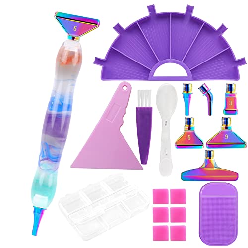 Jodimitty 16 Stück Diamond Paint Werkzeug Set für Erwachsene Kinder, blau lila Diamond Paint Pen, schillernde austauschbare Stifte Köpfe, rosa Leim Ton, lila Storage Tray, lila Pad, Korrektur Board von Jodimitty