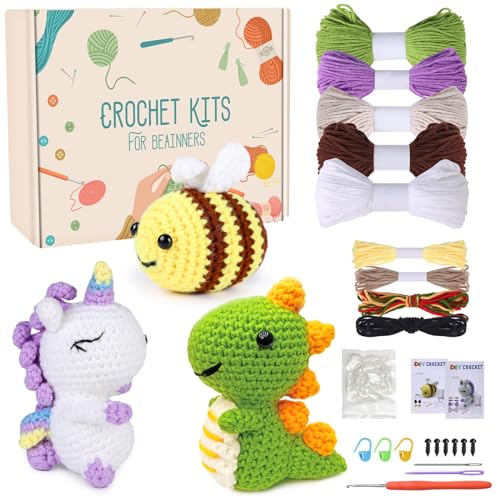 Jodimitty Häkelset Tiere Häkeln für Anfänger Erwachsene 3 Stück (Biene & Dinosaurier & Einhorn) All-in-One Häckeltierchen Set Crochet Set mit Anleitung, Häkelzubehör DIY Bastelgeschenke von Jodimitty