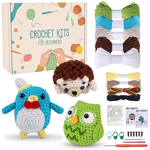 Jodimitty Häkelset Tiere Häkeln für Anfänger Erwachsene 3 Stück (Igel & Adler & Pinguin) All-in-One Häckeltierchen Set Crochet Set mit Anleitung, Häkelzubehör DIY Bastelgeschenke von Jodimitty