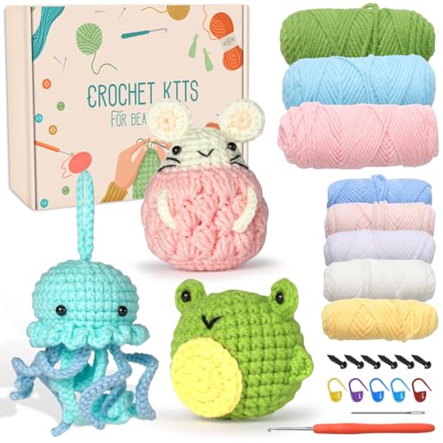 Jodimitty Häkelset Tiere Häkeln für Anfänger Erwachsene 3 Stück (Quallen & Hamster & Frosch) All-in-One Häckeltierchen Set Crochet Set mit Anleitung, Häkelzubehör DIY Bastelgeschenke von Jodimitty