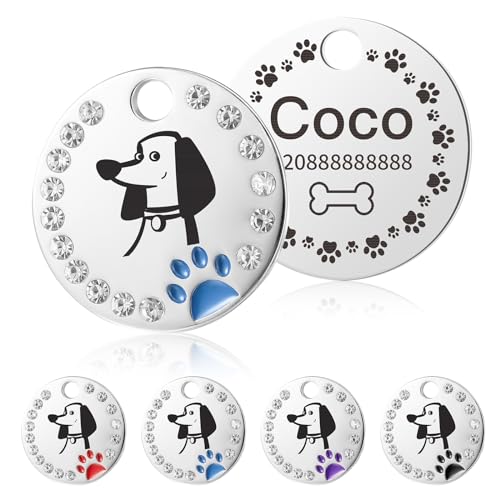 Jodimitty Hundemarke mit Gravur Personalisiert Dog Tag, auf der Rückseite eingravierter Hundename & Nummer & Text, 25mm Runde Diamantbesetzte Hundemarken mit Hunde und Pfotenmuster von Jodimitty