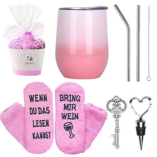 Jodimitty Weingläser aus Edelstahl,Vakuumisolierte Reisekaffeetasse mit Deckel,Weinbecher Geschenkset für Frauen mit Strohhalmpinsel, Socken,Schlüssel Flaschenöffner und Deutscher Aufschrift(Rosa) von Jodimitty