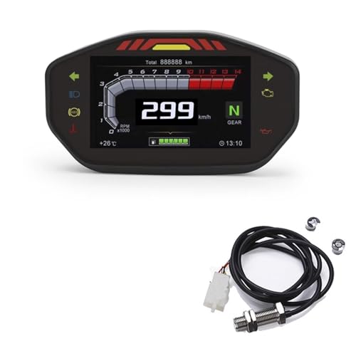Jodriva Universal-LCD-TFT-Digitaltacho for Motorräder, 14000 U/min, 6-Gang-Hintergrundbeleuchtung, Motorrad-Kilometerzähler, 1 2 4 Zylinder(With Sensor-A) von Jodriva