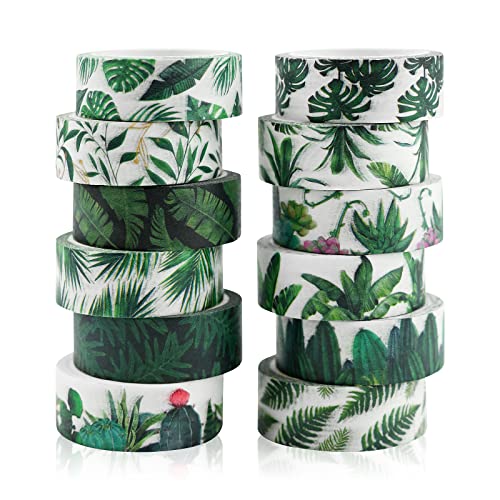 12 Rollen Washi Tape Set Grüne Pflanzen Palmblatt Dekoratives Masking Tape mit Mehreren Mustern Japanisches Washi Papier Aufkleber Washi Tapes für Scrapbooking Geschenkverpackungen DIY Kunsthandwerk von Jodsen