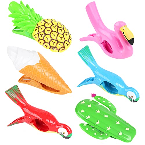 6 Stück Badetuch Clips,Strandtuchklammern Groß Strandtuch Clips Handtuchklammern für Strandliegen Flamingo, Papagei, Ananas, Eiscreme, Kaktus Große Wäscheklammern Handtuchklemmen für Holiday Pool von Jodsen