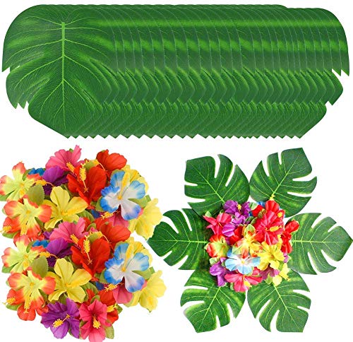 90 Künstliche Tropische Palmblätter Hawaiische Hibiskus Blumen Safari-Blätter Dekorationen Monstera-Blätter Künstliche Palmenblätter für Luau Strand Dschungel Thema Geburtstag Party Tischdekoration von Jodsen