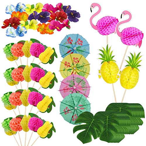 Cocktail Party Dekorationen, 88 Stk Hawaii Cocktailschirmchen 3D Flamingo Obst Stäbchen für Getränke Künstliche Blumen, Palmblätter Dekor Cocktail Zubehör Deko für Strandparty, tropische Aloha Party von Jodsen