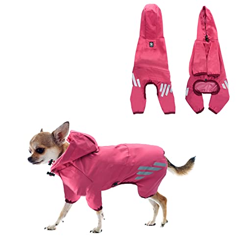 Hunde Regenmantel Regenjacke,Verstellbarer Outdoor wasserdichter Hundemantel Kapuze mit Beinen,Wasserabweisende Welpenjacke mit langem reflektierenden Streifen für kleine mittelgroße Hunde (L, Rose) von Jodsen