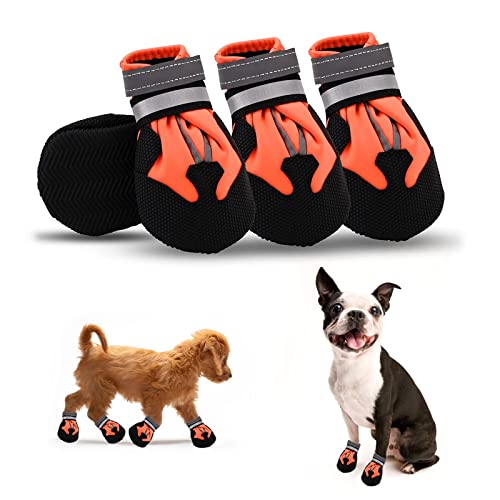 Hundeschuhe,4 STK wasserdichte Hundeschuhe mit reflektierenden Riemen Anti-Rutsch-Sohle Outdoor Pfotenschützer Hundeschuhe für kleine mittelgroße Hunde Winter,Blau (Orange,S) von Jodsen