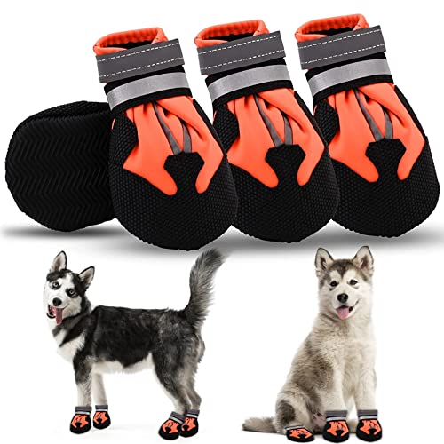 Hundeschuhe,4 STK wasserdichte Hundeschuhe mit reflektierenden Riemen Anti-Rutsch-Sohle Outdoor Pfotenschützer Hundeschuhe für kleine mittelgroße Hunde Winter,Blau (Orange,XXL) von Jodsen