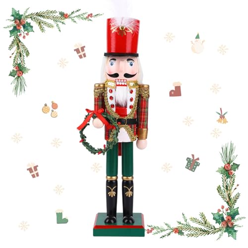 Jodsen 38cm Traditionelle Nussknacker-Figuren aus Holz,Weihnachtsdekoration,Festliche Nussknacker-Ornamente für Schreibtisch,Kamin,Heimdekoration,Kranz halten von Jodsen