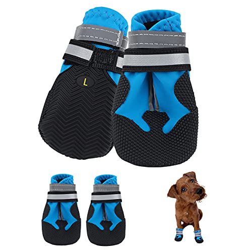 Jodsen Hundeschuhe,4 STK wasserdichte Hundeschuhe mit reflektierenden Riemen Anti-Rutsch-Sohle Outdoor Pfotenschützer Hundeschuhe für kleine mittelgroße Hunde Winter,Blau (L) von Jodsen