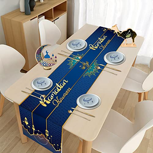 Ramadan Mubarak Tischdecke, 38*180cm Eid Mubarak Tischläufer Blaue muslimische Ramadan Tischdecke islamische Moschee, Laterne Tischdekoration für islamische Iftar-Party Dekoration, Haus, Küche von Jodsen