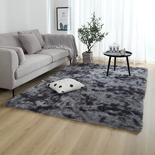 Batik Plüsch Teppich 120x160cm Flauschig Hochflor Anti Rutsch Teppich für Wohnzimmer, Schlafzimmer & Kinderzimmer - Moderner Flächenteppich in Dunkelgrau von Jodsen