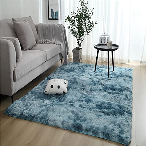 Flauschiger Hochflor Teppich 80 x 160cm - Anti-Rutsch Wohnzimmer Teppich Mit Soft Touch - Modern Batik Plüsch Spielmatte für Kinderzimmer Schlafzimmer Blau von Jodsen