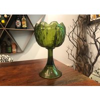 Vintage 1970Er Jahre Olivgrüne Glassockel Candy Dish/Vase - Grüne Glasvase Glas von JoeBlake