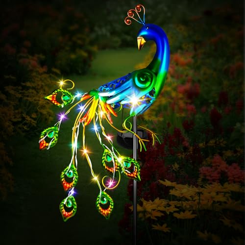 Joellfuner Solarlampen für Außen Garten, Pfau Garden Solar Pfahl Lichter, Pfau Garten Statue Metall Pfau Gartendeko, Ständer Solarleuchten Lichterkette IP44 Wasserdicht für Rasen Terrasse Yard Balkon von Joellfuner