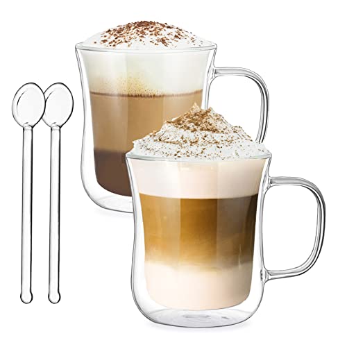 Joeyan 250ml Glastasse Doppelwandig mit Löffel - 2er Set Teegläser Kaffeegläser Doppelwandig mit Henkel - Doppelwandige Gläser für Kaltes und Heißes Getränk von Joeyan