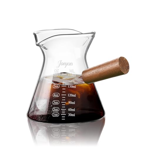 Joeyan 180ml Espresso Messbecher Glas mit Holzgriff, Klein Coffee Measuring Cup mit Skala, Milchkännchen mit V-förmiger Doppelausgießer, Messgläser barista ML/oz für Cocktail Matcha, Borosilikatglas von Joeyan