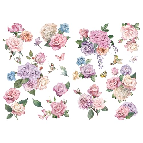 Joeyan 2 Stück Rub On Sticker Blumen, Groß Möbelaufkleber 42x30cm, Folie Transferaufkleber zum Basteln & Dekorieren DIY Handwerk auf Holz Glas Metall Leinwand Porzellan Papier Kunststoff (Rosenstrauß) von Joeyan