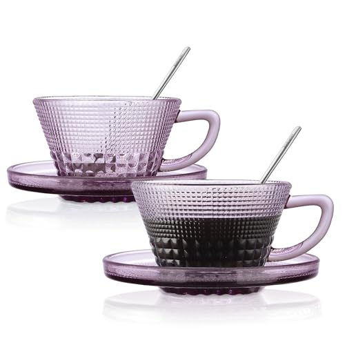 Joeyan 260ml Lila Glas Kaffeetasse mit Untertasse und Löffel - 2er Set Espresso Tee Tassen mit Unterteller - Kaffeeservice für Zuhause, Büro, Party von Joeyan