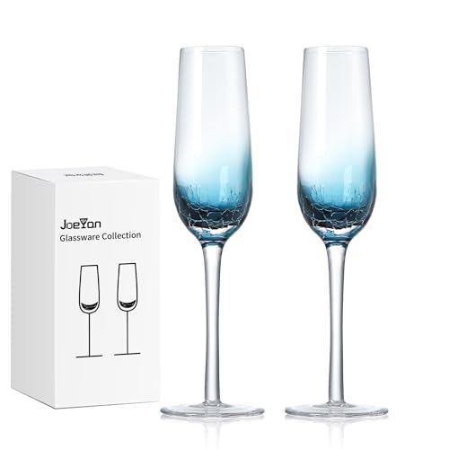 Joeyan 2er Set Bunte Sektgläser mit Stiel, 200ml Handgefertigte Blaue Crackle Champagner Kelch,Einzigartige Ästhetik Sektflöten Glaswaren, Kunstdekoration für die Hausbar, Geschenke zum Hochzeitstag von Joeyan