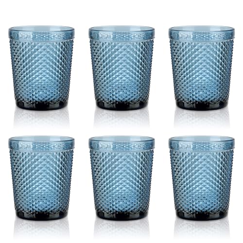 Joeyan 300ml Blau Trinkgläser Set von 6,Bunt Wassergläser Set mit Diamant Relief,Vintage Gläser Set for Zuhause Restaurant Bar,Spülmaschinenfest von Joeyan