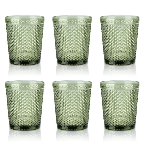 Joeyan 300ml Grün Trinkgläser Set von 6,Bunt Wassergläser Set mit Diamant Relief,Vintage Gläser Set for Zuhause Restaurant Bar,Spülmaschinenfest von Joeyan