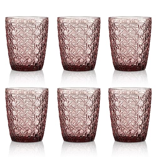 Joeyan 300ml Rosa Wassergläser Vintage,Trinkgläser Bunt mit Geprägtem Design,Farbige Gläser Set 6 Teilig,Spülmaschinenfest von Joeyan