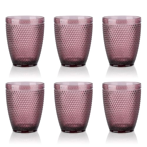 Joeyan 300ml Violett Trinkgläser Set von 6,Bunt Wassergläser Set mit Relief design,Vintage Gläser Set, Stapelbar Küchengläser for Zuhause Restaurant Bar,Spülmaschinenfest von Joeyan