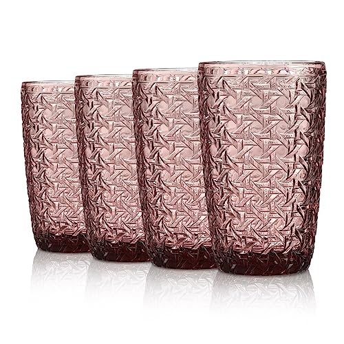 Joeyan 380ml Rosa Wassergläser mit Geprägtem Design,Vintage Trinkgläser Longdrinkgläser,Bunt Wassergläser mit Geometrisches Textur,4er Set,Spülmaschinenfest von Joeyan