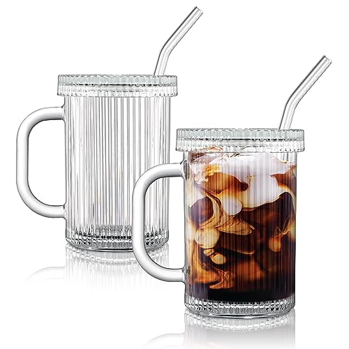 Joeyan 390ml Klar Trinkbecher mit Deckel und Strohhalm Glas, 2er Set Gerippt Glas Kaffeebecher mit Henkel für Saft Latte Wasser Tee, Dick Trinkgläser für Zuhause Büro Schlafzimmer Nachttisch von Joeyan