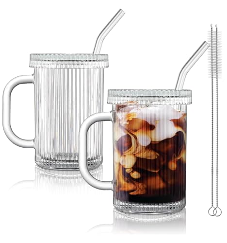 Joeyan 390ml Trinkgläser mit Glasdeckel und Strohhalm, Klare Eiskaffee Gläser, Gerippt Kaffeebech mit Henkel, Saft Latte macchiato cocktailgläser, Origami-Stil Glasbecher, Spülmaschinenfest, 2er Set von Joeyan
