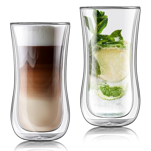 Joeyan 400ML Doppelwandige Kaffeegläser, 2er Set Latte Macchiato Gläser, Groß Borosilikatglas Cappuccino Tassen, Durchsichtig Teebecher,Thermogläser für Milch Saft Eistee Iced Americano Getränke Bier von Joeyan
