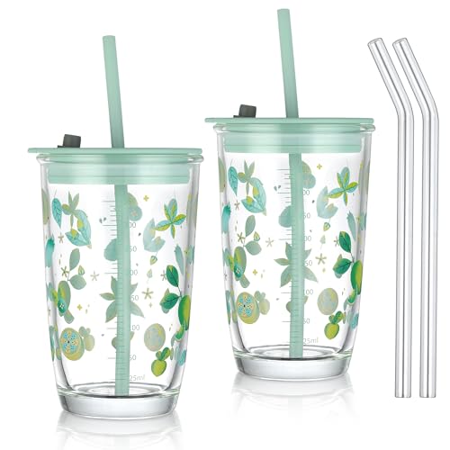 Joeyan 430 ml Grün Trinkbecher mit Deckel und Strohhalm,Glas Bubble Tea Becher Trinkgläser mit Zitronen und Florales Mustern,Eiskaffee Smoothie Saft Boba Wasser Tumbler Cup,2er Set von Joeyan