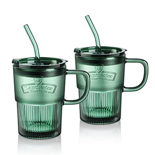 Joeyan 450ml Glas Trinkbecher mit Deckel und Strohhalm, Grün Trinkgläser mit Henkel und Strohhalm für Eiskaffee,Milchshakes, Säfte,Smoothies, Spülmaschinenfest Glasbecher von Joeyan