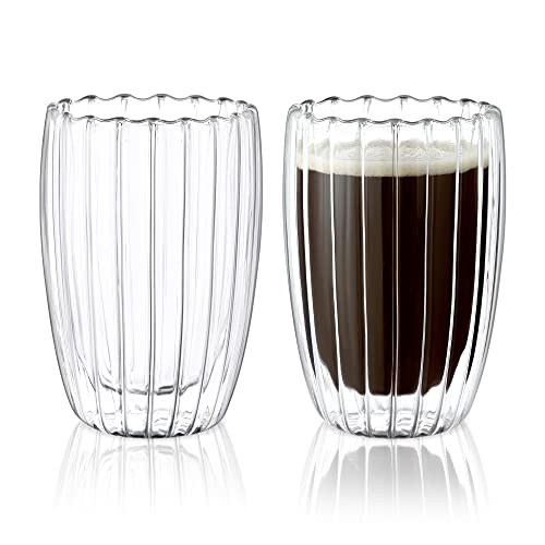 Joeyan 450ml Ripple Doppelwandige Gläser Set - 2er Set Borosilikatglas Latte Macchiato Gläser Geriffelte-Cappuccino Riffle Gläser für Kaltes und Heißes Getränk,Tee,EIS,Iced Americano,Milch,Saft,Bier von Joeyan