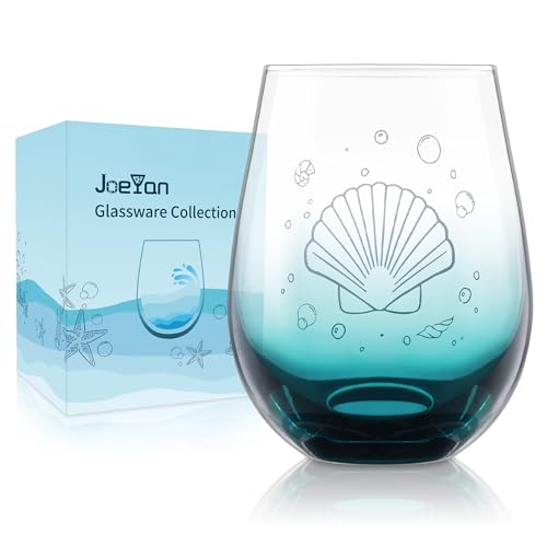 Joeyan 520ml Graviert Weingläser Ohne Stiel Muschelschale Motiv, Unterwasserwelt Gläser Trinkglas Blau mit Farbverlauf für Strand Pool Party Bars Zuhause Restaurant,Romantisches Rot Weinglas-Geschenk von Joeyan