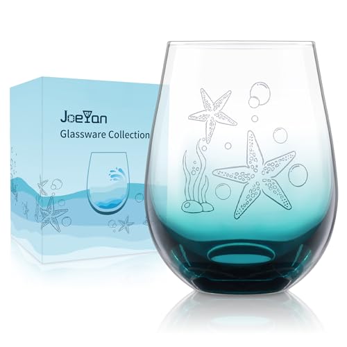 Joeyan 520ml Graviert Weingläser Ohne Stiel mit Seestern Motiv, Unterwasserwelt Gläser Trinkglas Blau mit Farbverlauf für Strand Pool Party Bars Zuhause Restaurant, Romantisches Rot Weinglas-Geschenk von Joeyan