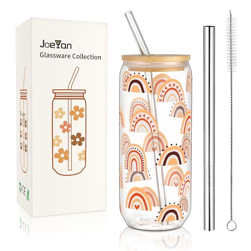 Joeyan 600ml Glas Trinkbecher mit Deckel und Strohhalm,Regenbogen-Muster Trinkgläser Dosenform,Eiskaffee Bubble Tee Smoothies Longdrinkgläser von Joeyan