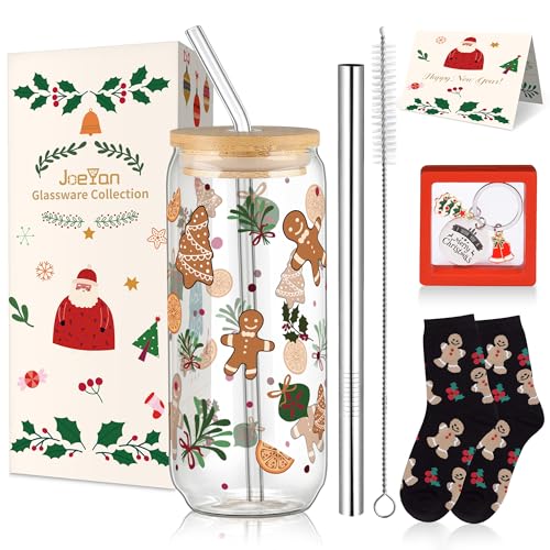 Joeyan 600ml Weihnachten Lebkuchenmann Trinkgläser mit Deckel und Strohhalm Dosenförmig Heiße kaffee Tasse Bubble Tea Becher Boba-Becher Reiseflasche Weihnachtsgeschenke mit Geschenkbox von Joeyan