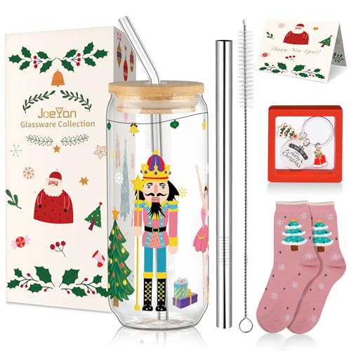 Joeyan 600ml Weihnachten Nussknacker Trinkgläser mit Deckel und Strohhalm Dosenförmig Heiße Kaffee Tasse Bubble Tea Becher Einmachglas Boba-Becher Reiseflasche Geschenkbox von Joeyan