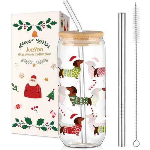 Joeyan 600ml Weihnachten Trinkgläser mit Deckel und Strohhalm,20oz Schöne Eiskaffee Gläser mit Dackel Muster,dachshund Glasbecher für Matcha Smoothie iced Coffee Bubble Tea,Weihnachts Dekor Geschenke von Joeyan