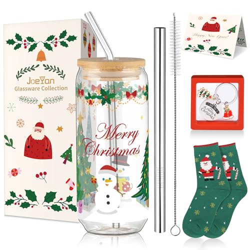 Joeyan 600ml Weihnachtsbaum Trinkgläser mit Deckel und Strohhalm Dosenförmig Heiße kaffee Tasse Bubble Tea Becher Weithals-Einmachglas Boba-Becher Reiseflasche Weihnachtsgeschenke mit Geschenkbox von Joeyan