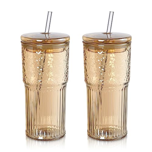 Joeyan 650ml Bernstein Trinkglas mit Strohhalm und Deckel, 2er Set Gerippte Kaffeetassen Becher,Eiskaffee Gläser, Longdrinkgläser für Smoothie Kaffee Kalt Gebrühten Tee Milch, Spülmaschinenfest Joeyan 650ml Bernstein Trinkglas mit Strohhalm und Deckel, 2er Set Gerippte Kaffeetassen Becher,Eiskaffee Gläser, Longdrinkgläser für Smoothie Kaffee Kalt Gebrühten Tee Milch, Spülmaschinenfest von Joeyan