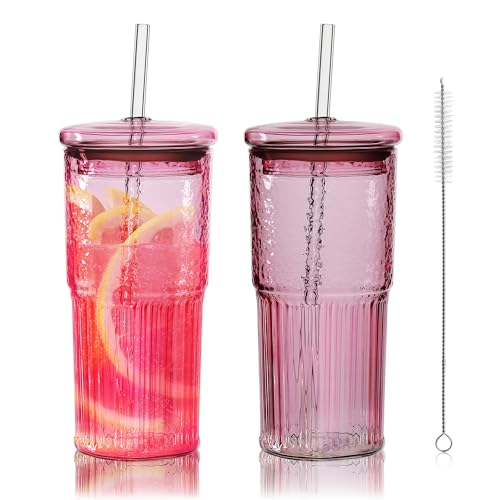 Joeyan 650ml Trinkbecher mit Deckel und Strohhalm (2er Set), Große Smoothie Flasche, Latte Macchiato & Bubble Tea Glas für Outdoor, Reise,Büro,für Matcha,Eiskaffee,Saft,Cocktail-Rosa,Borosilikatglas von Joeyan