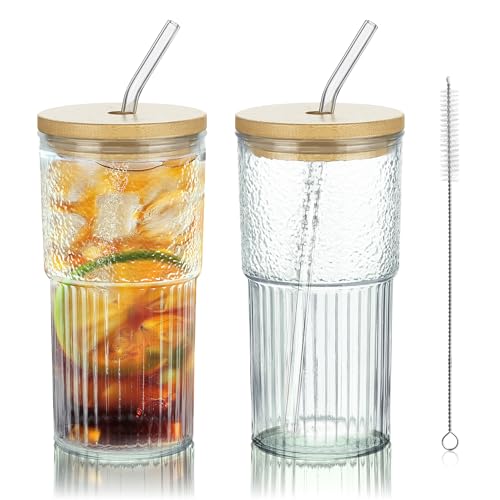 Joeyan 720ml Trinkgläser mit Strohhalm und Bambusdeckel,2er Set Groß Smoothie Becher,Gerippte Gläser für Bubble Tea,Latte Macchiato,Eiskaffee,Matcha,Cocktail für Büro Reise Outdoor, Spülmaschinenfest von Joeyan