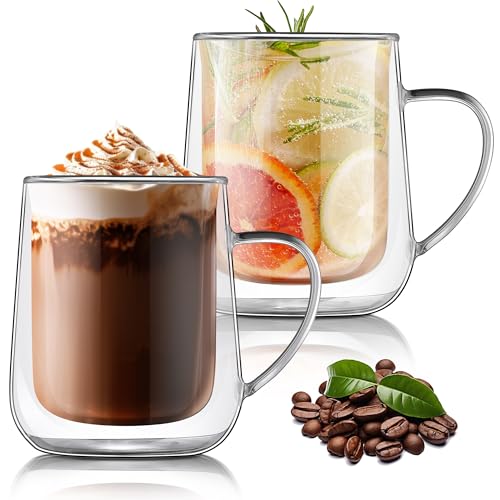 Joeyan Latte Macchiato Gläser Set (2 x 400ml), Doppelwandige Borosilikatglas Eiskaffee Thermobecher mit Henkel,Hitzebeständige Teegläser,Schwebeeffekt Kaffeetassen für Matcha Espresso Milch Saft Bier von Joeyan