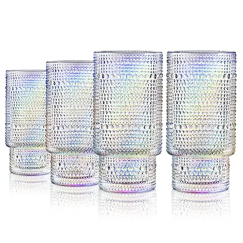 Joeyan Regenbogen Wassergläser Geprägtem mit Perlen-Textur,Vintage Stapelbare Longdrinkgläser Trinkgläser,300 ml Romantische Irisierende Saftgläser Cocktailgläser Glasbecher,Set von 4 von Joeyan